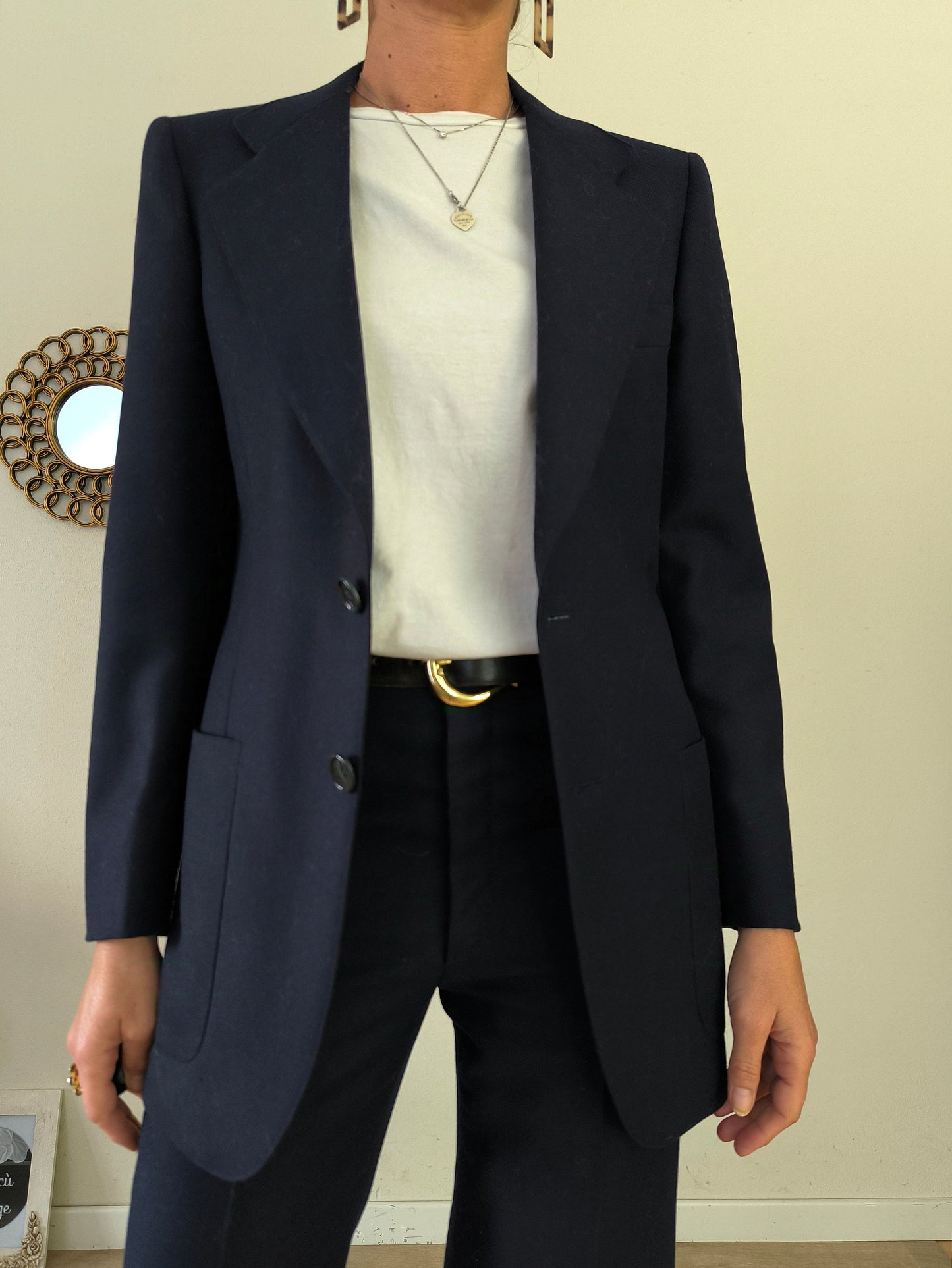 Completo blazer e pantalone vintage pura lana vergine blu notte tg M