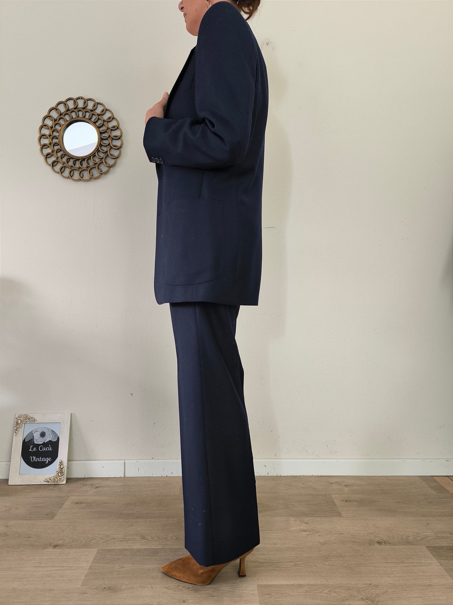 Completo blazer e pantalone vintage pura lana vergine blu notte tg M