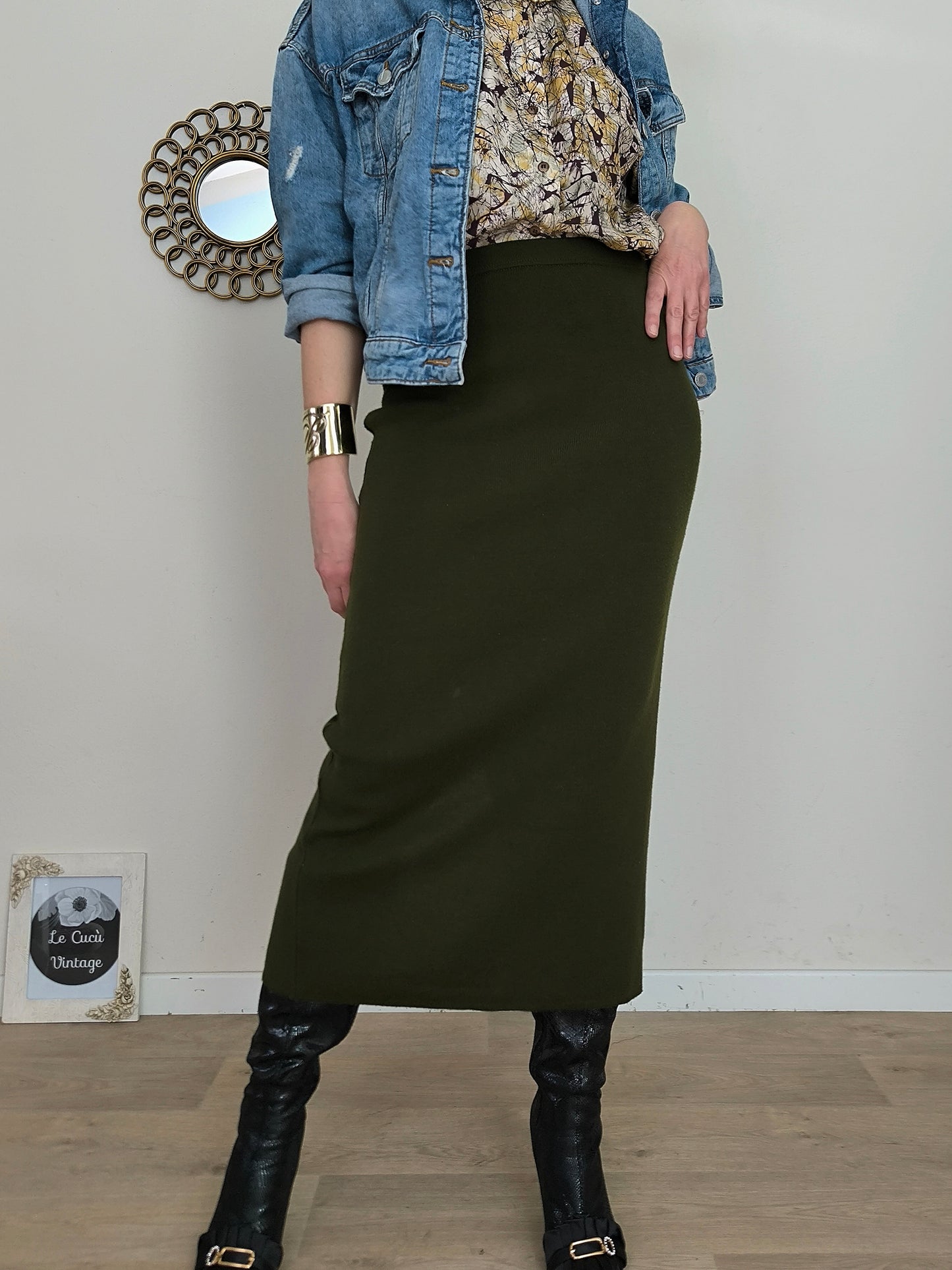 Gonna vintage pura lana verde scuro