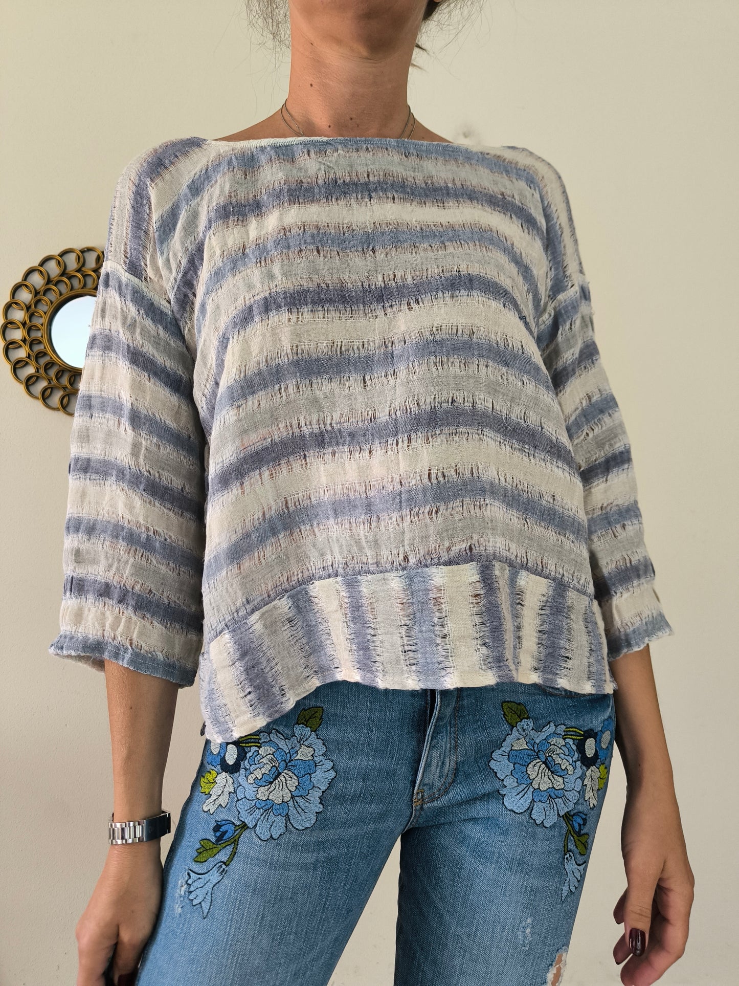 Blusa in lino a righe bianco/azzurro
