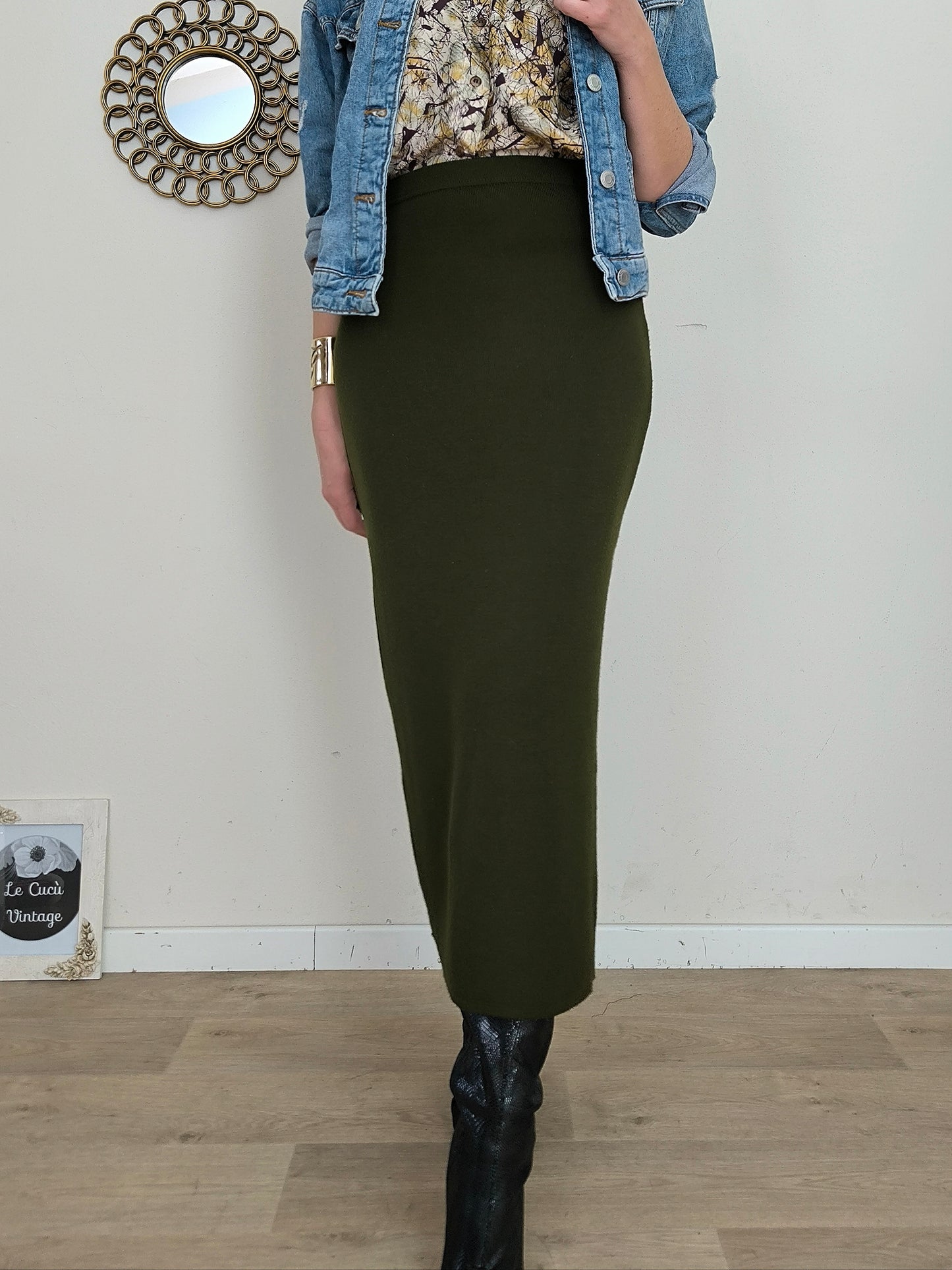 Gonna vintage pura lana verde scuro
