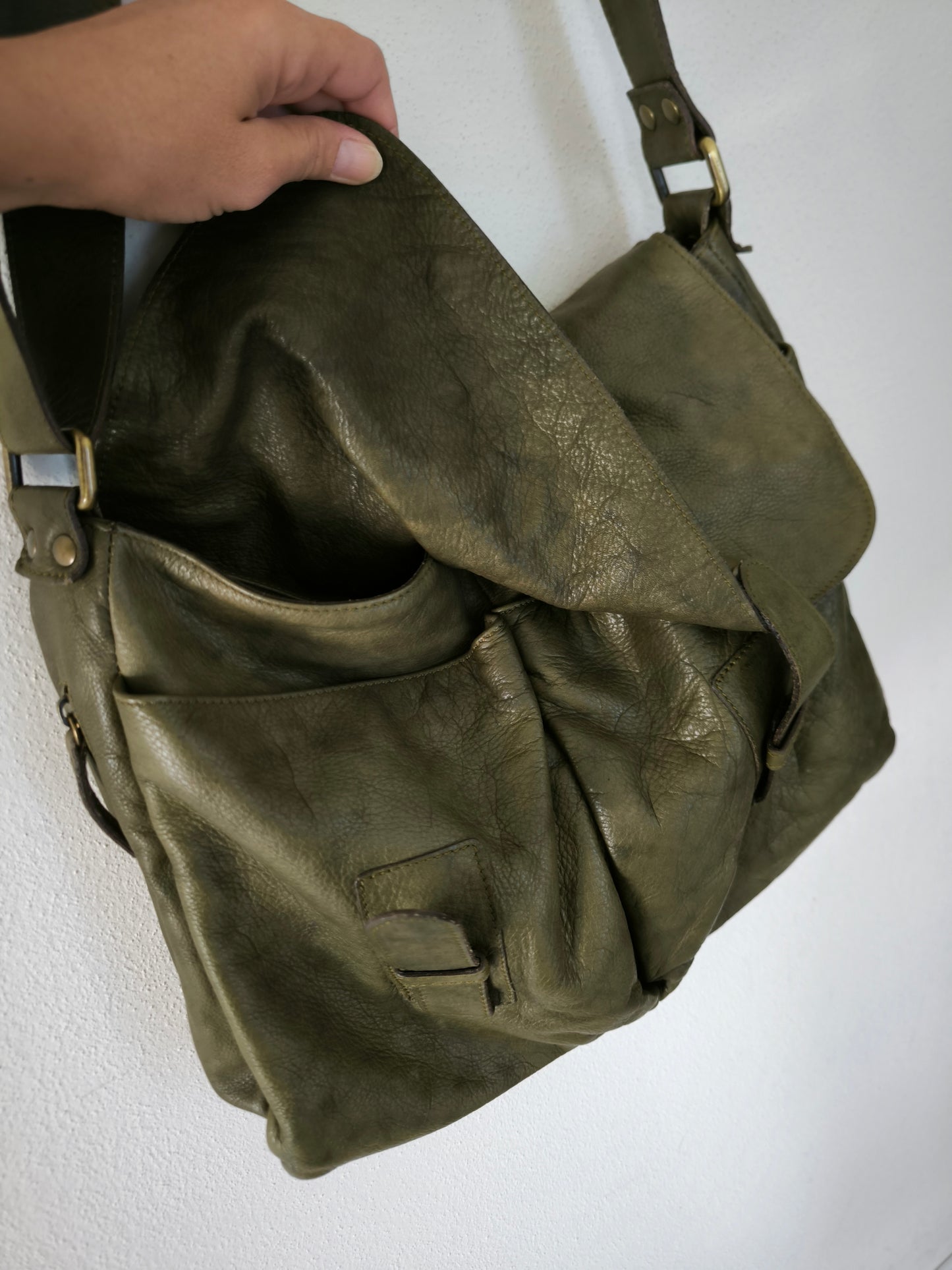 Borsa postina verde in vera pelle Jacono
