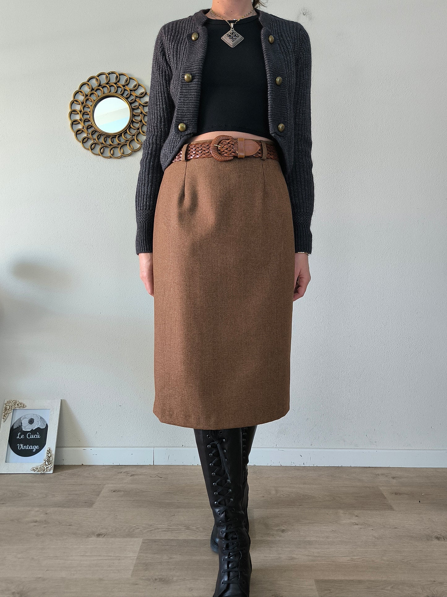 Gonna vintage in lana in piccolo quadretto marrone tg M