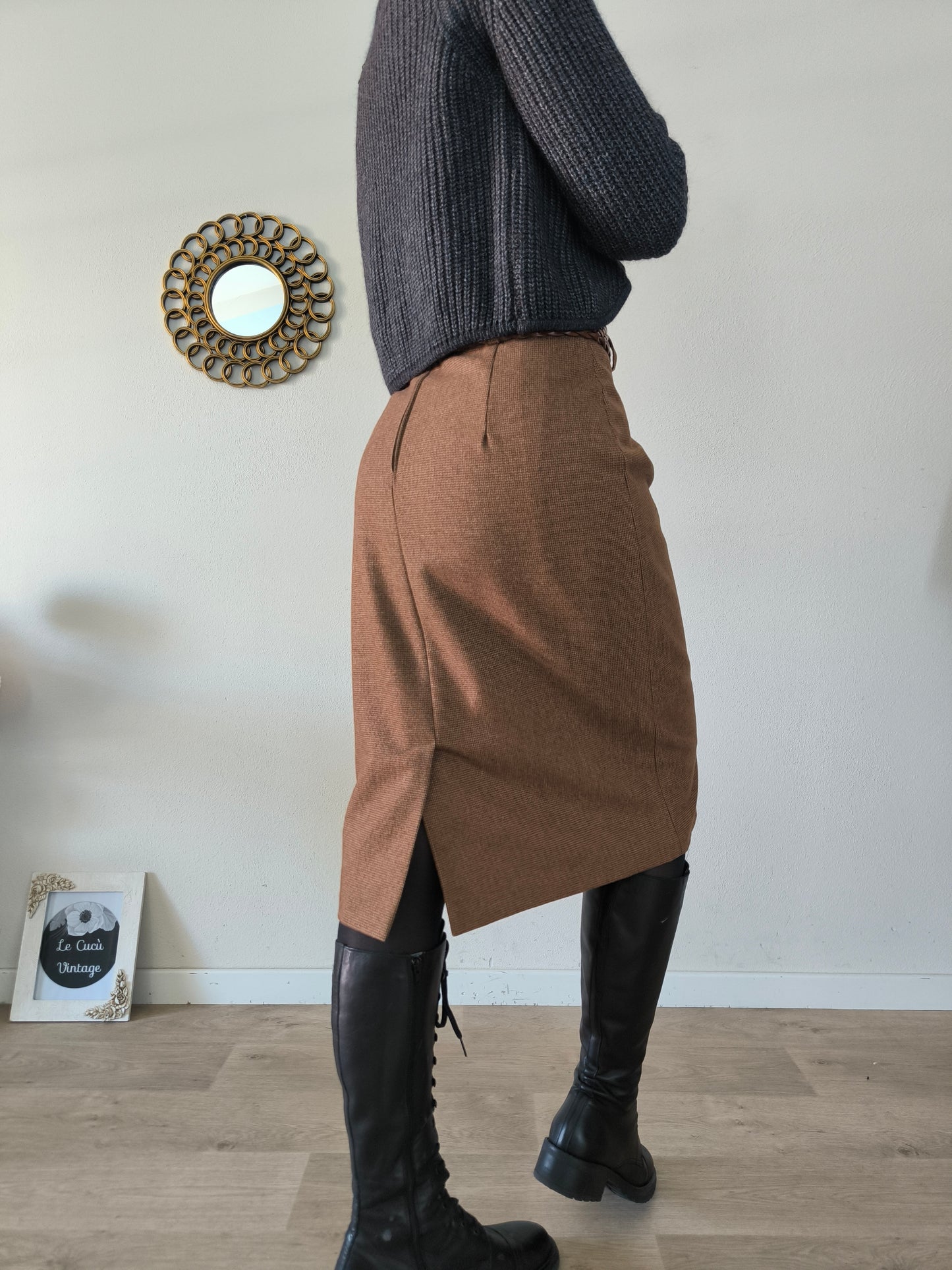 Gonna vintage in lana in piccolo quadretto marrone tg M