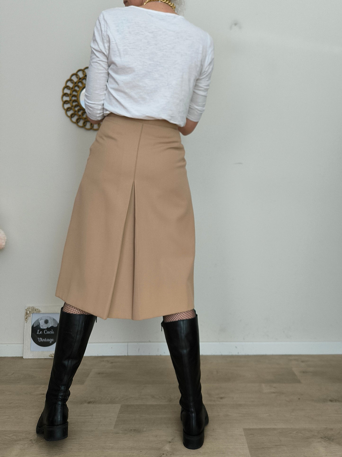 Gonna godet 1960/70s in lana rasata color crema
