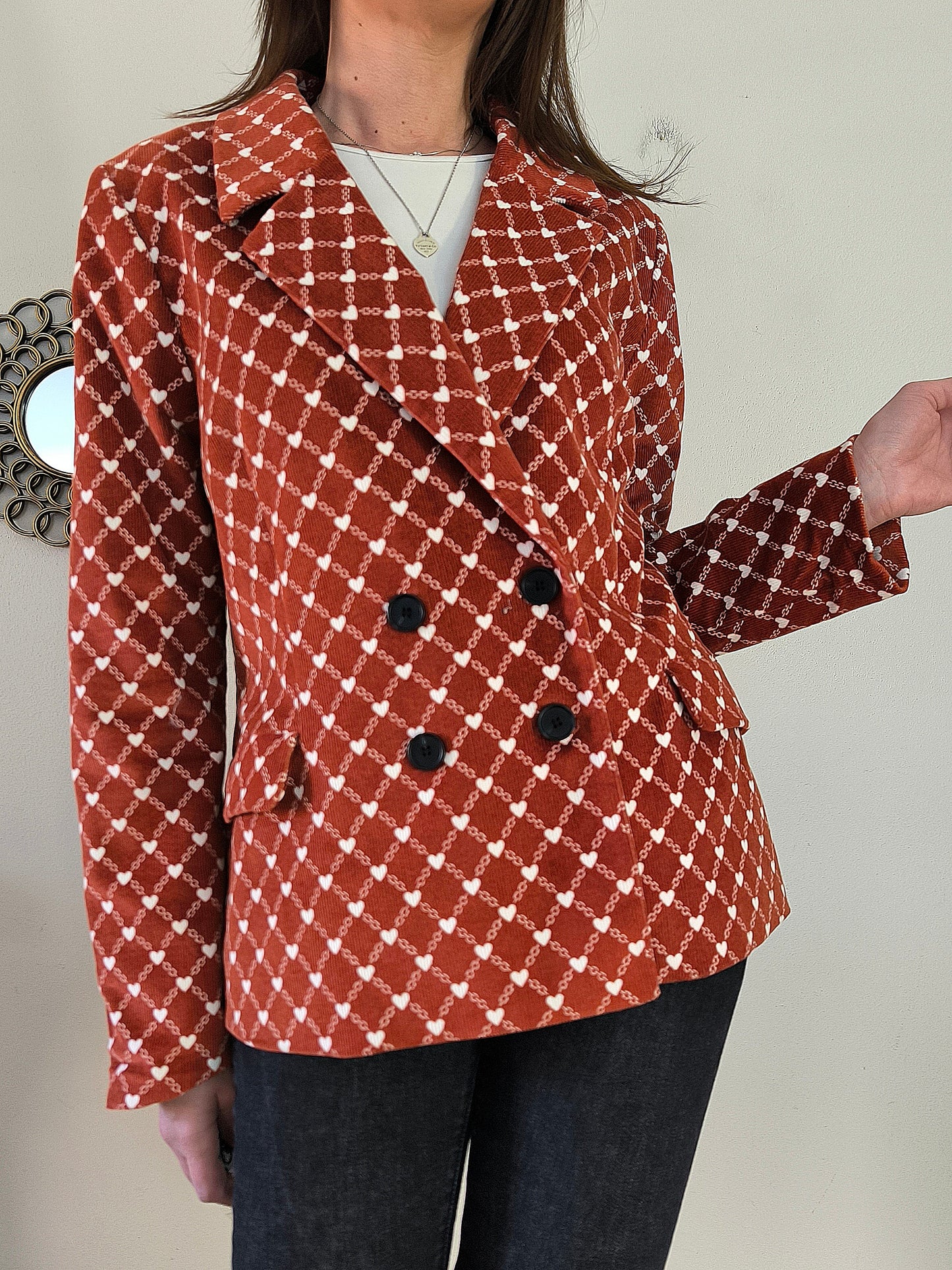 Blazer mattone in velluto a coste con cuoricini Tg L