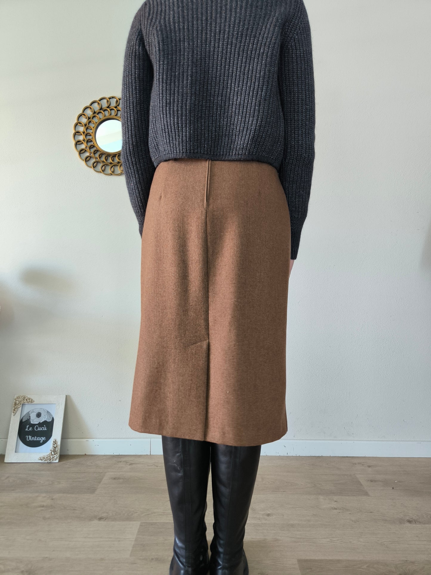 Gonna vintage in lana in piccolo quadretto marrone tg M
