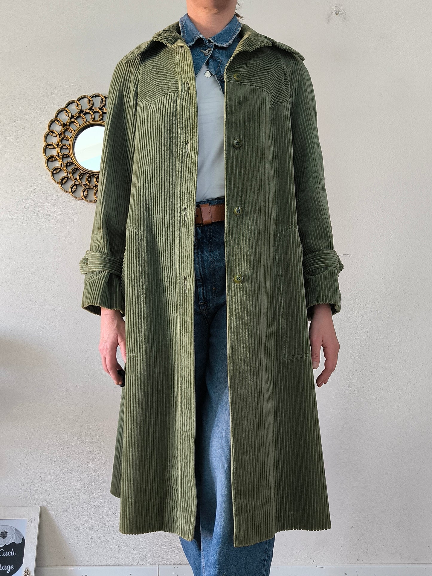 Trench / soprabito 1970s in velluto a coste verde tg M