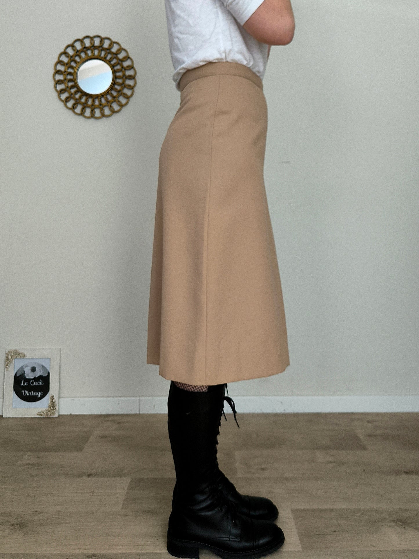 Gonna godet 1960/70s in lana rasata color crema