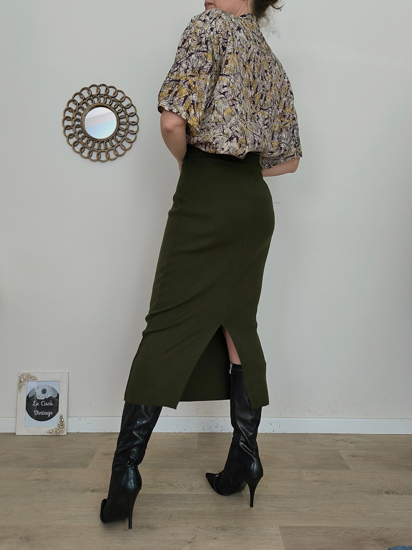 Gonna vintage pura lana verde scuro