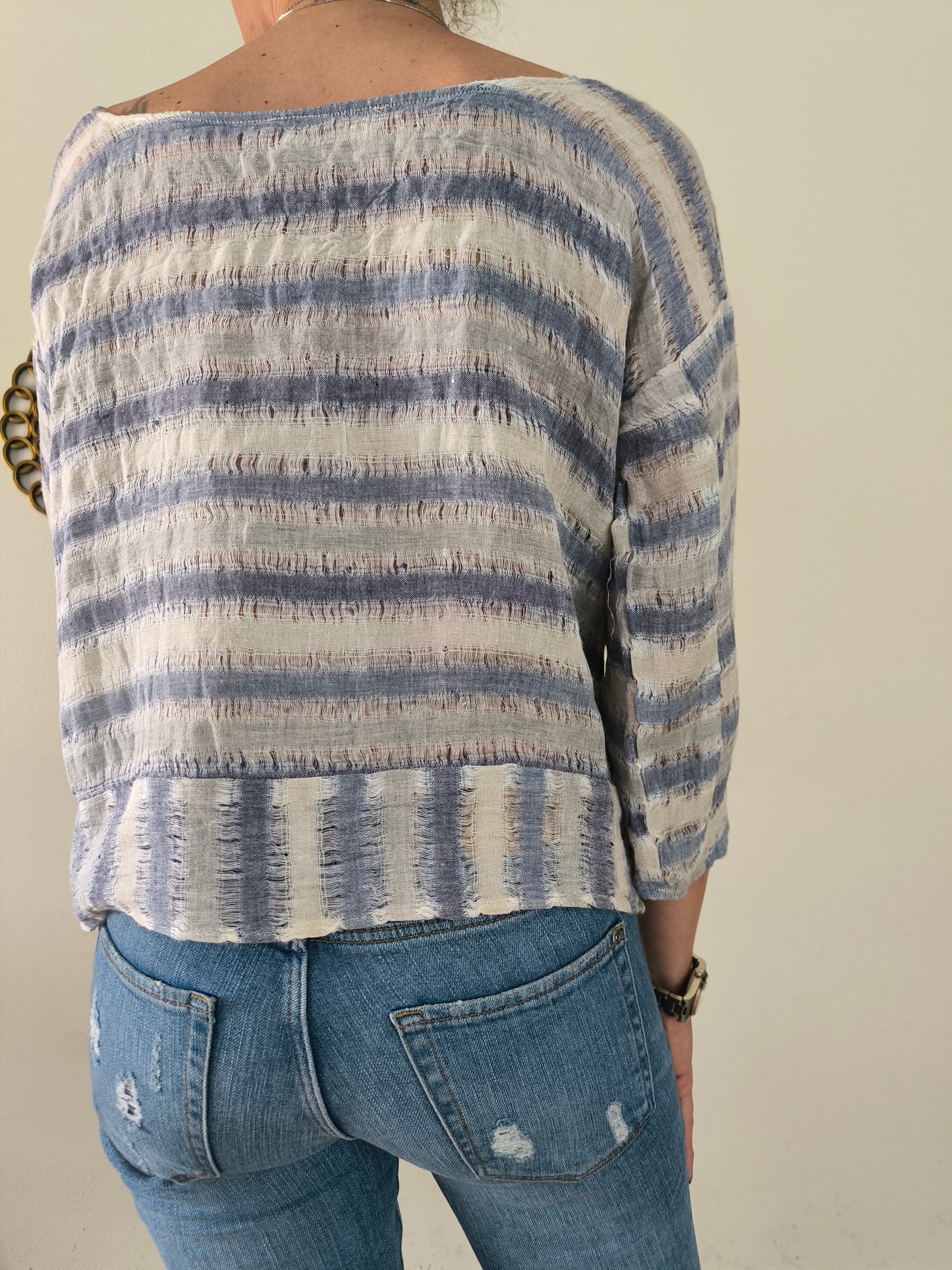 Blusa in lino a righe bianco/azzurro
