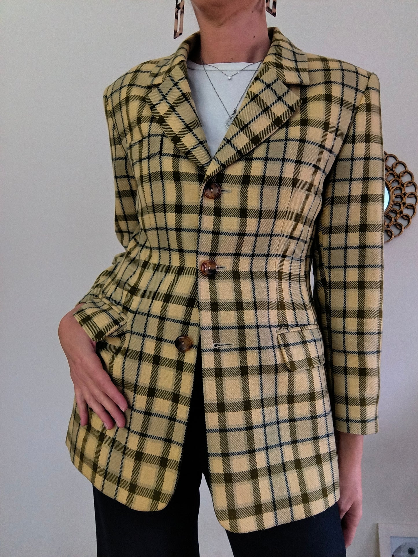 Blazer vintage quadrettato giallo pura lana superfine tg 44