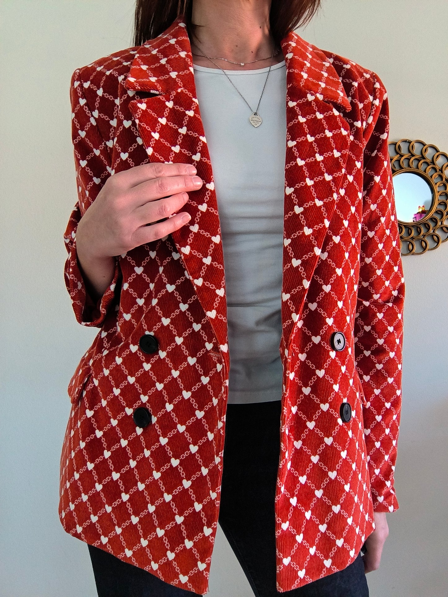 Blazer mattone in velluto a coste con cuoricini Tg L