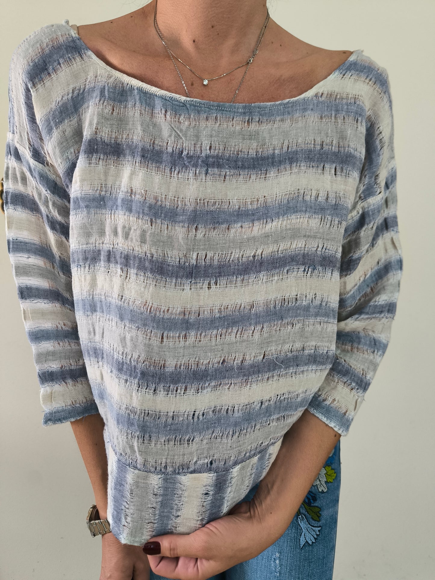 Blusa in lino a righe bianco/azzurro