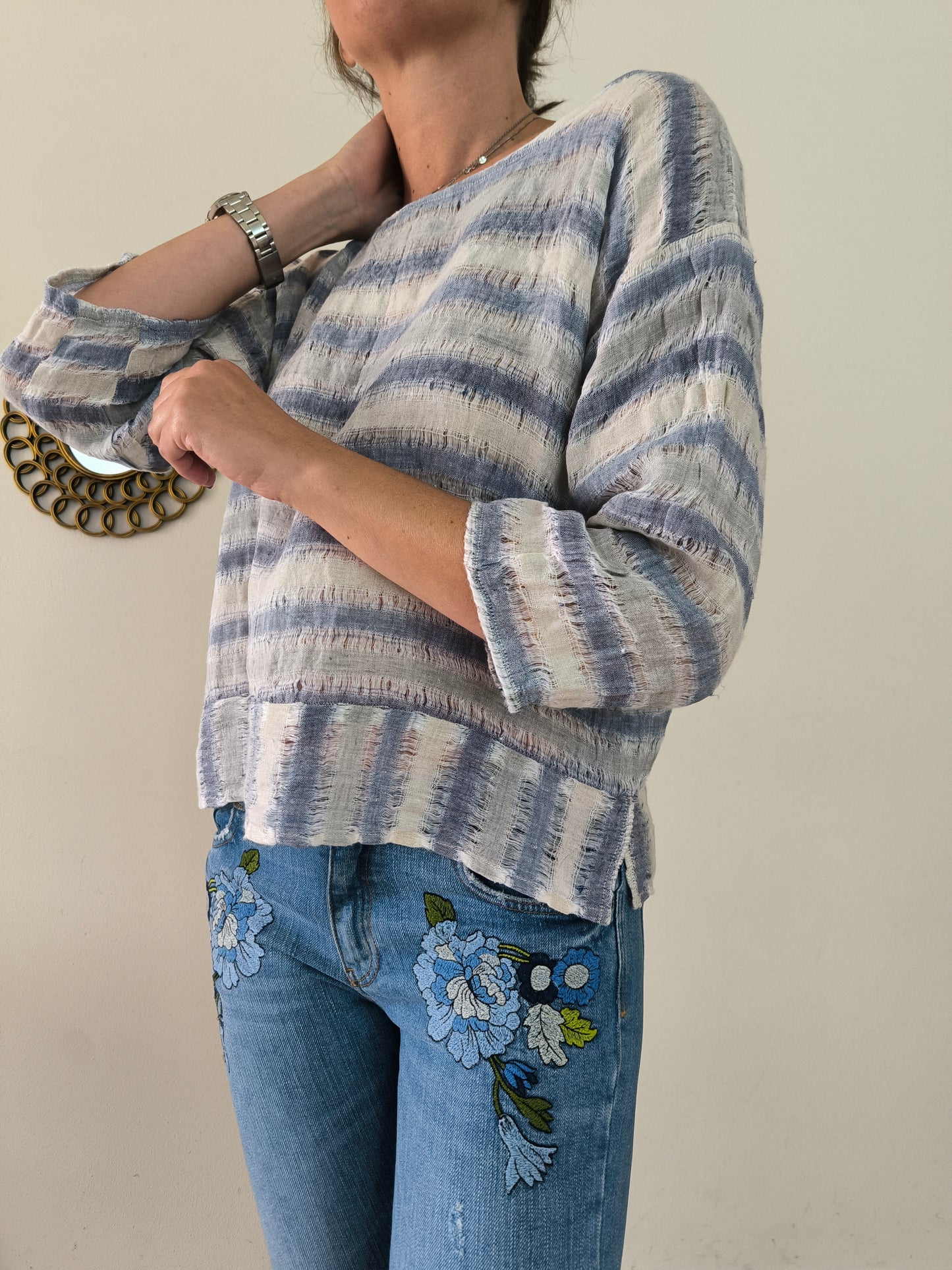 Blusa in lino a righe bianco/azzurro