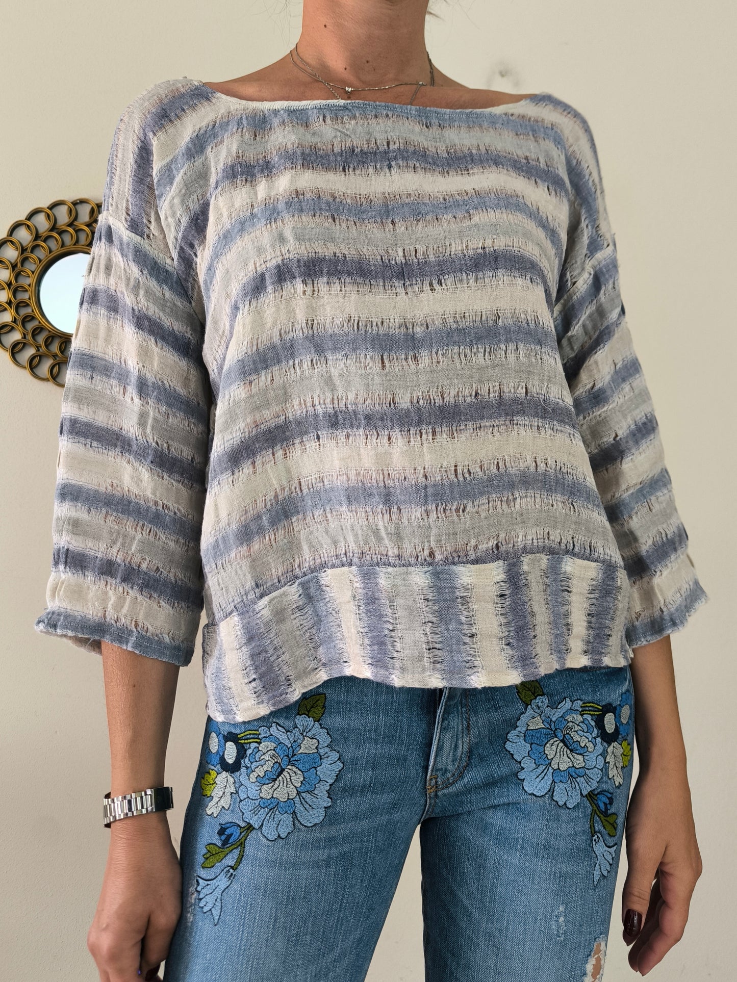 Blusa in lino a righe bianco/azzurro
