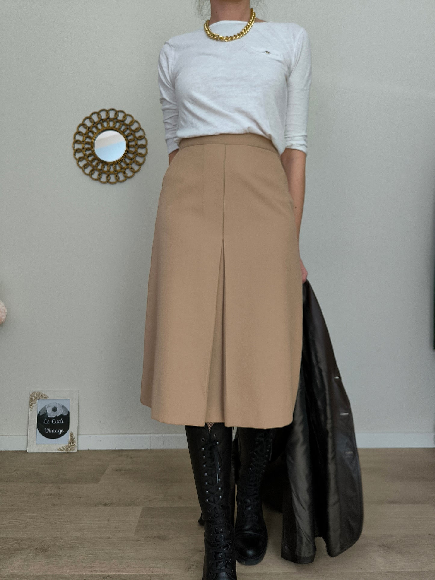 Gonna godet 1960/70s in lana rasata color crema