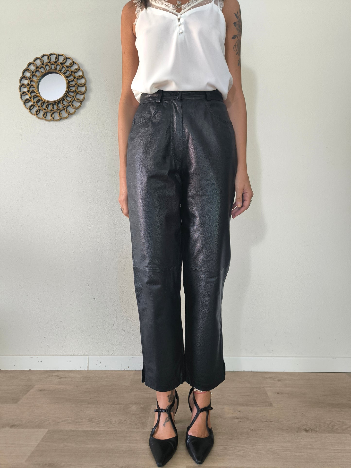 Pantalone vintage in vera pelle nera taglia S