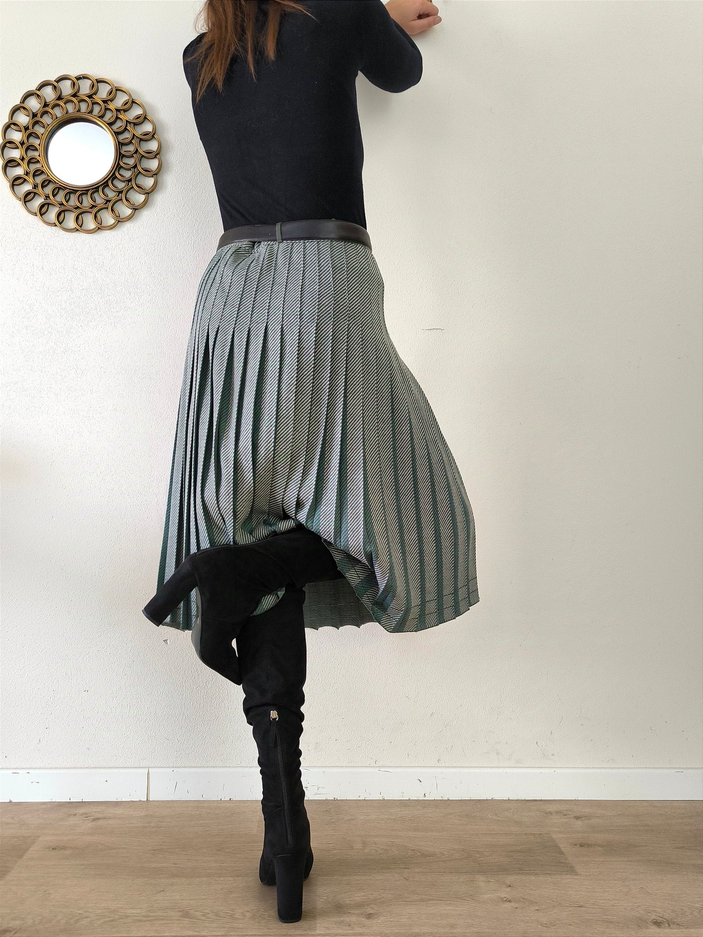 Gonna vintage pura lana a pieghe grigio/verde tg M/L