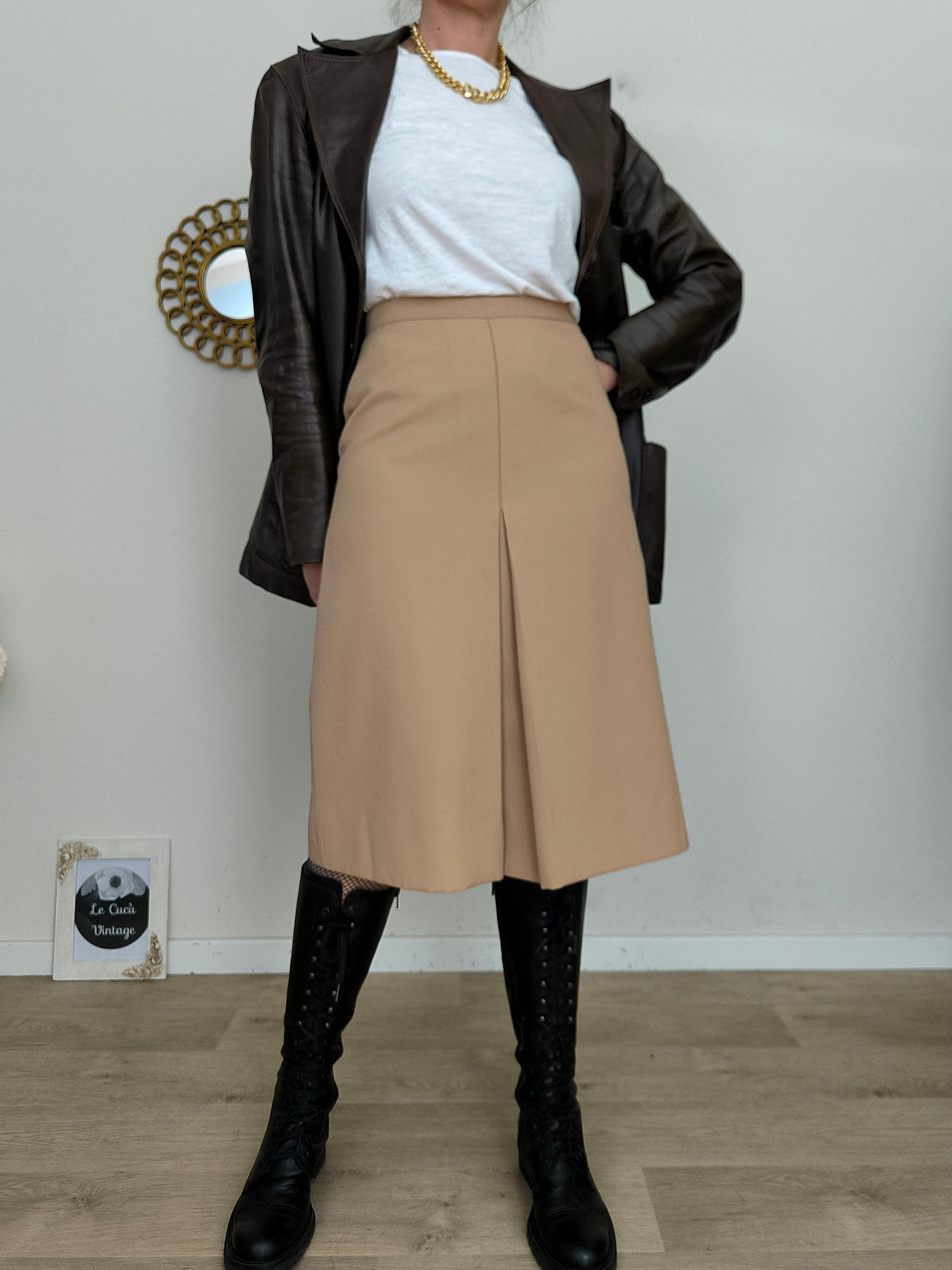 Gonna godet 1960/70s in lana rasata color crema