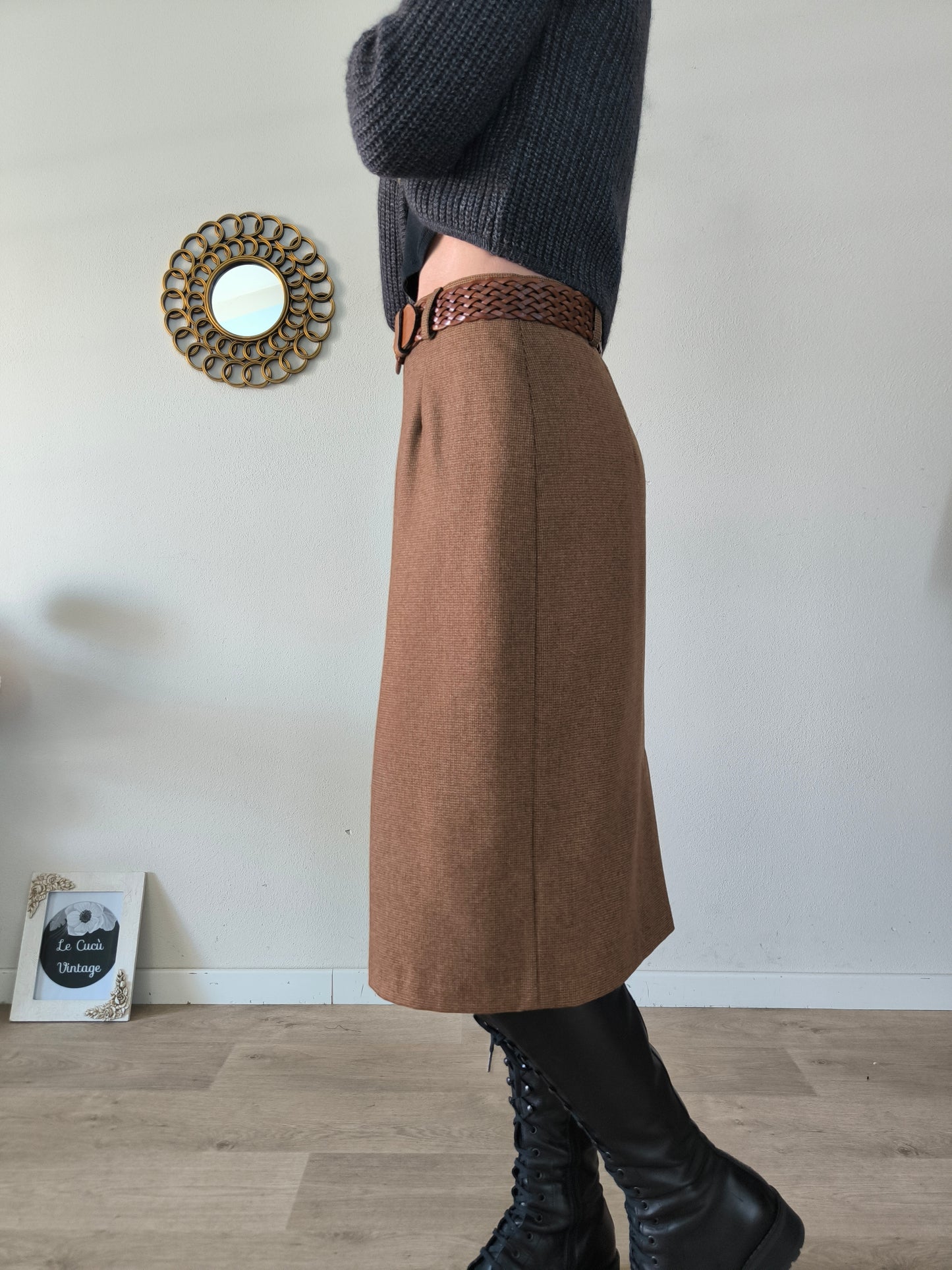 Gonna vintage in lana in piccolo quadretto marrone tg M