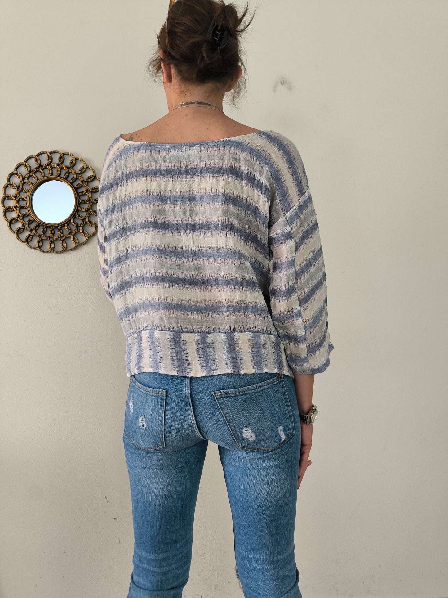 Blusa in lino a righe bianco/azzurro