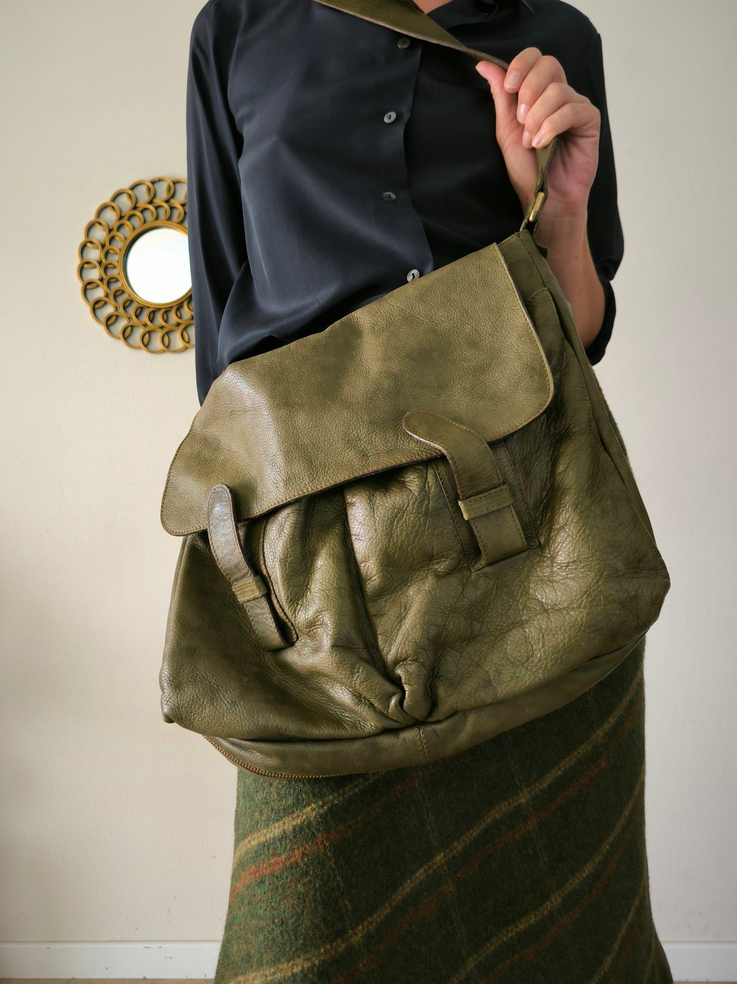 Borsa postina verde in vera pelle Jacono
