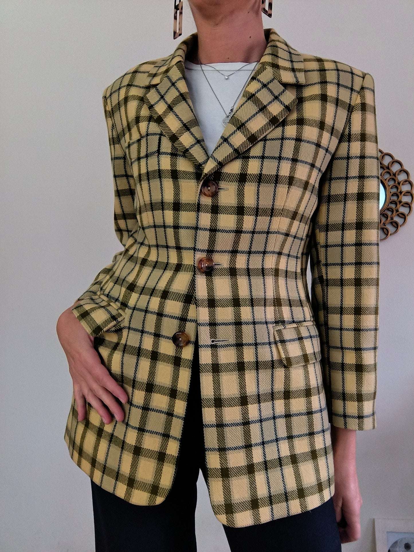Blazer vintage quadrettato giallo pura lana superfine tg 44