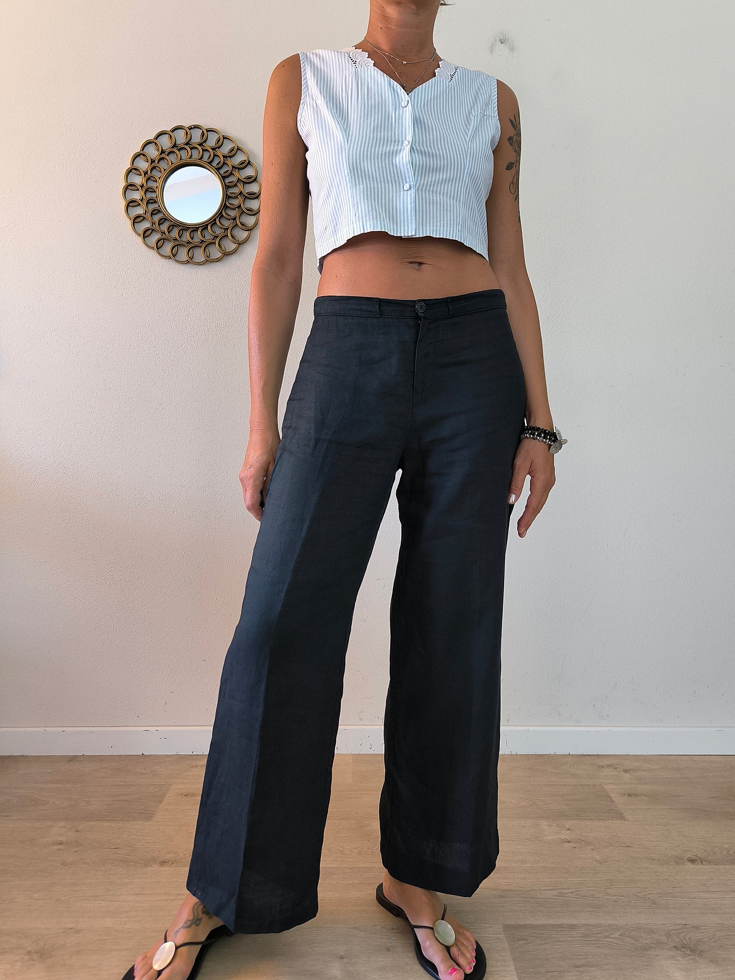 Top vintage sartoriale in cotone a righe bianco/azzurro