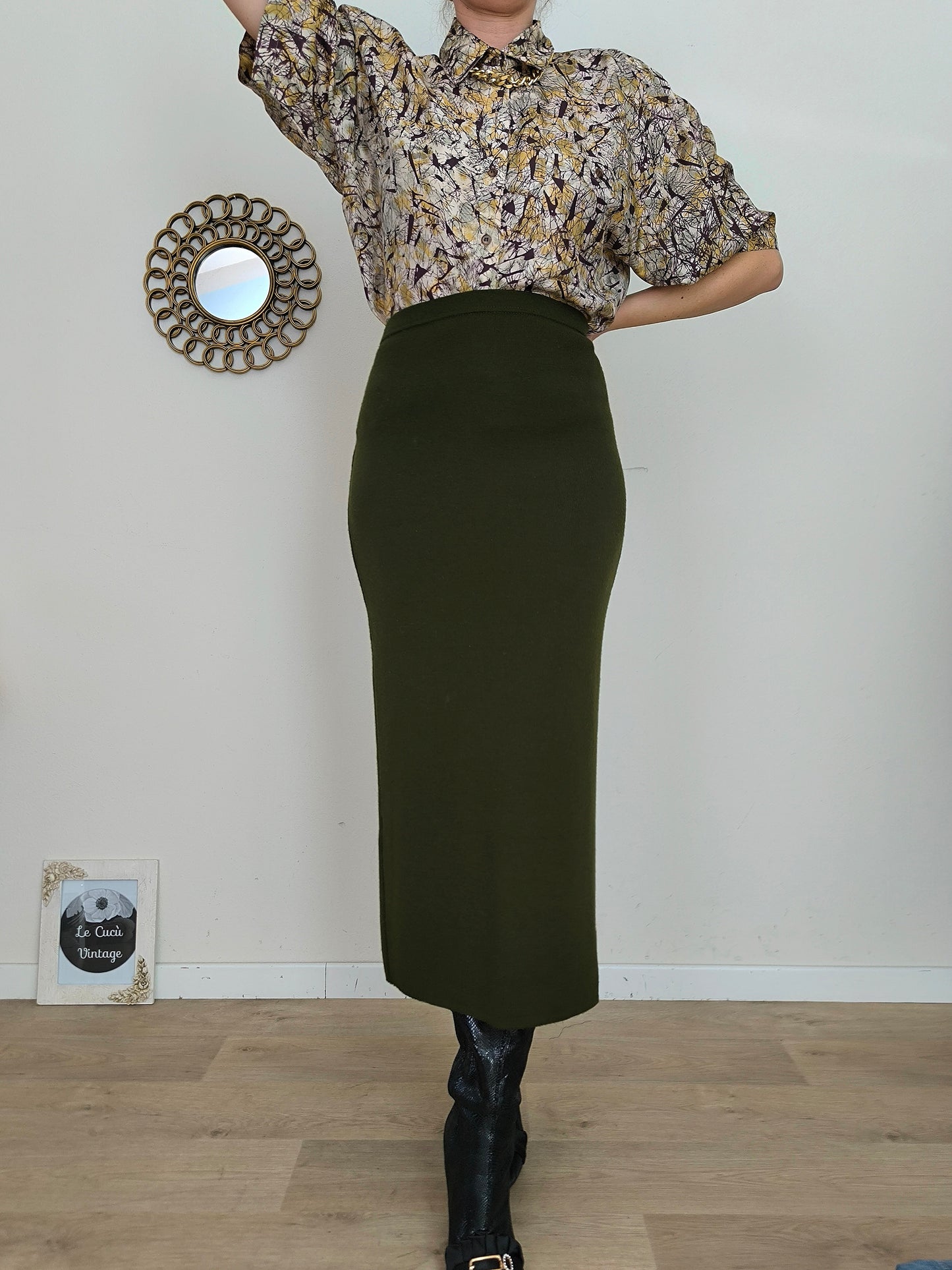 Gonna vintage pura lana verde scuro