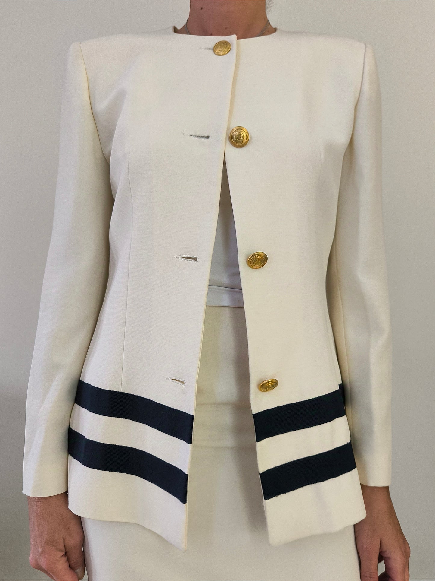 Completo blazer gonna in lana panna/blu, tg 42