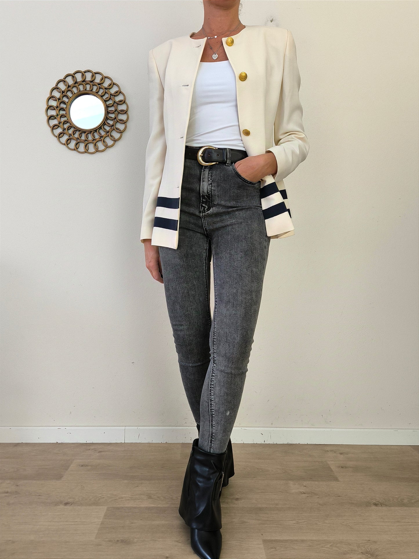 Completo blazer gonna in lana panna/blu, tg 42