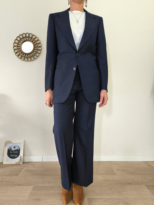 Completo blazer e pantalone vintage pura lana vergine blu notte tg M