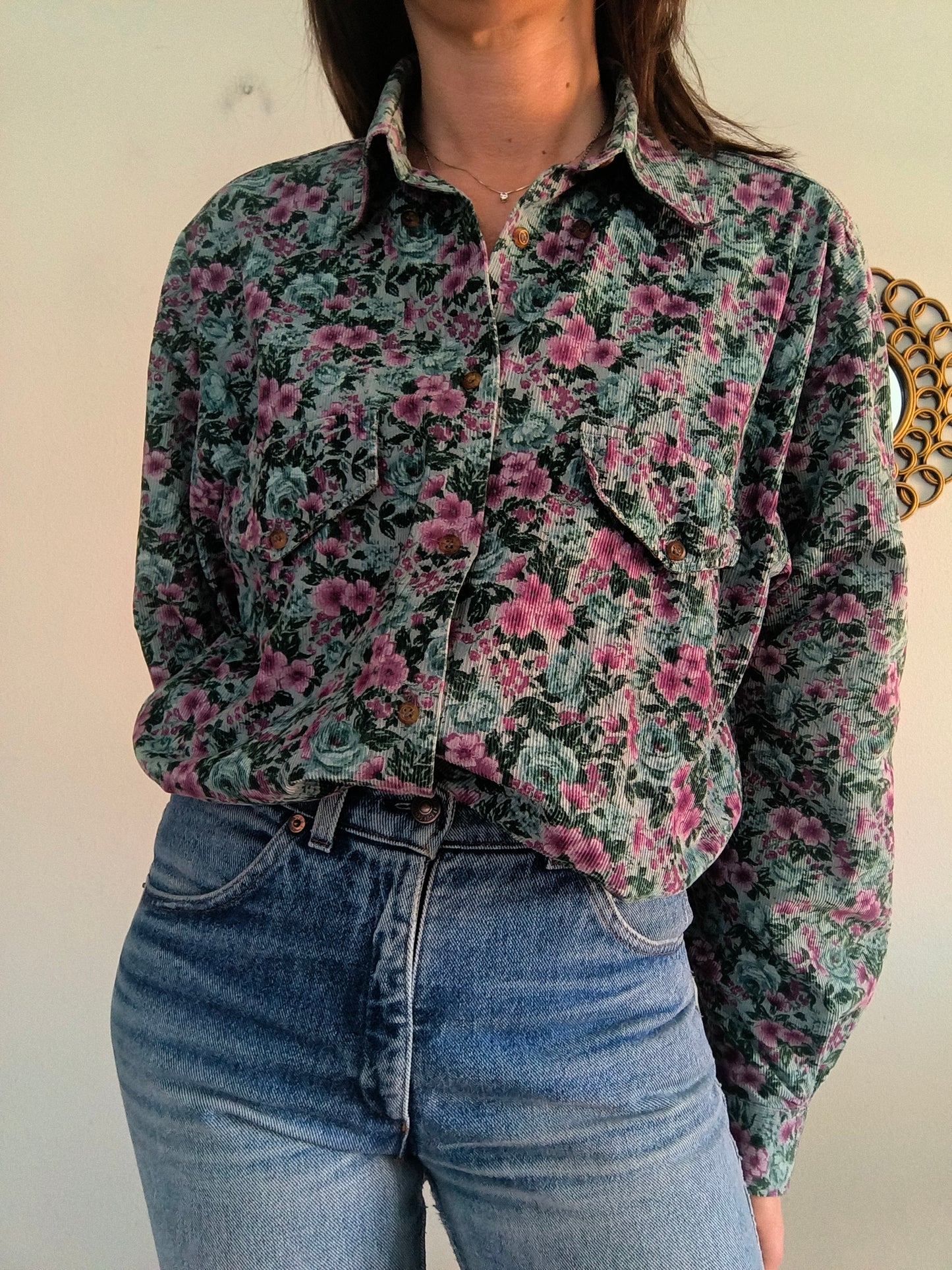 Camicia vintage floreale in velluto a coste