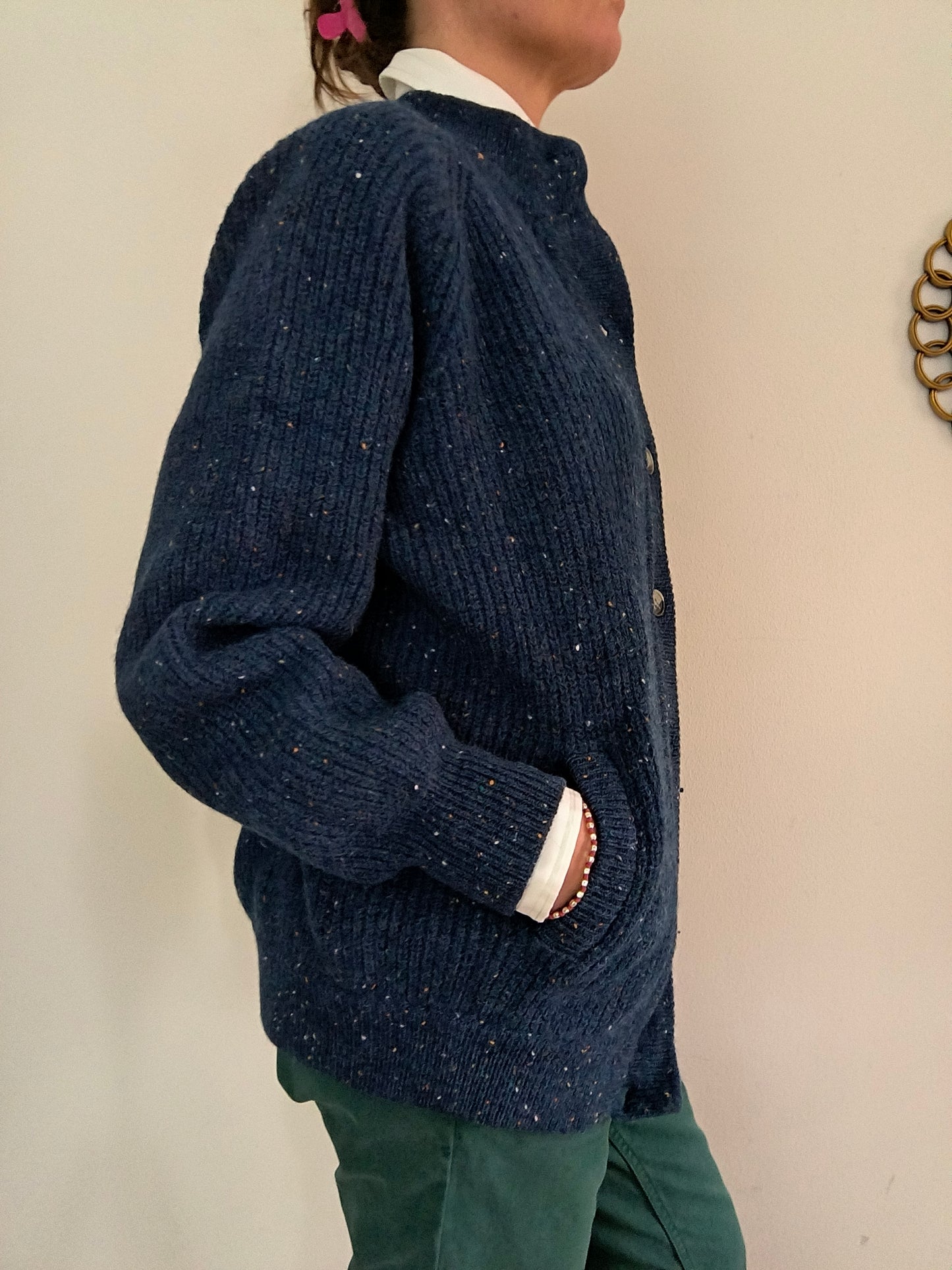 Cardigan lana Shetland unisex tg L colore blu