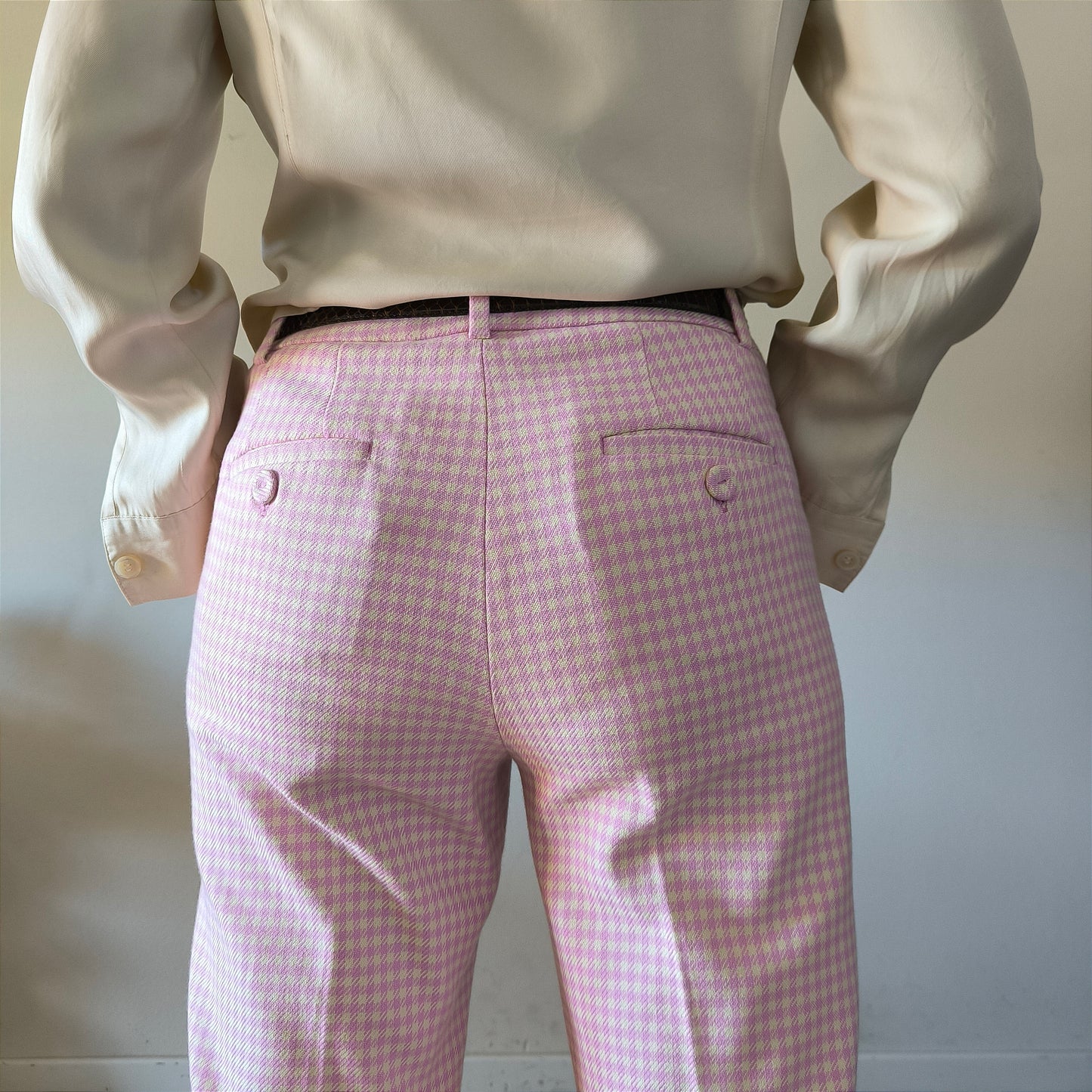 Pantalone Max Mara in tessuto Vichy rosa/crema tg 44