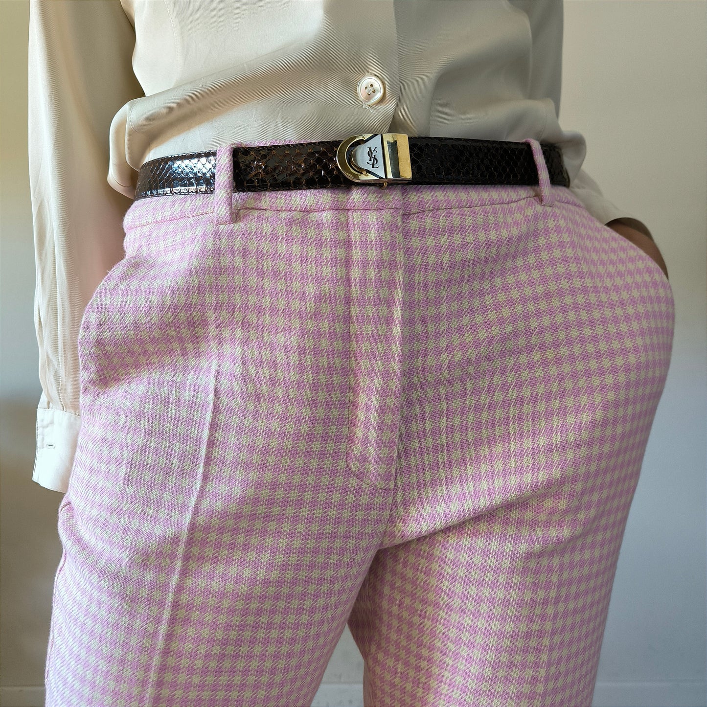 Pantalone Max Mara in tessuto Vichy rosa/crema tg 44