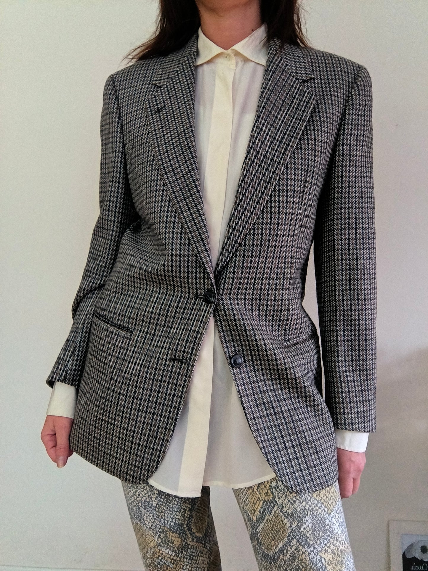 Blazer vintage Valentino in pura lana pied de poule grigio e nocciola