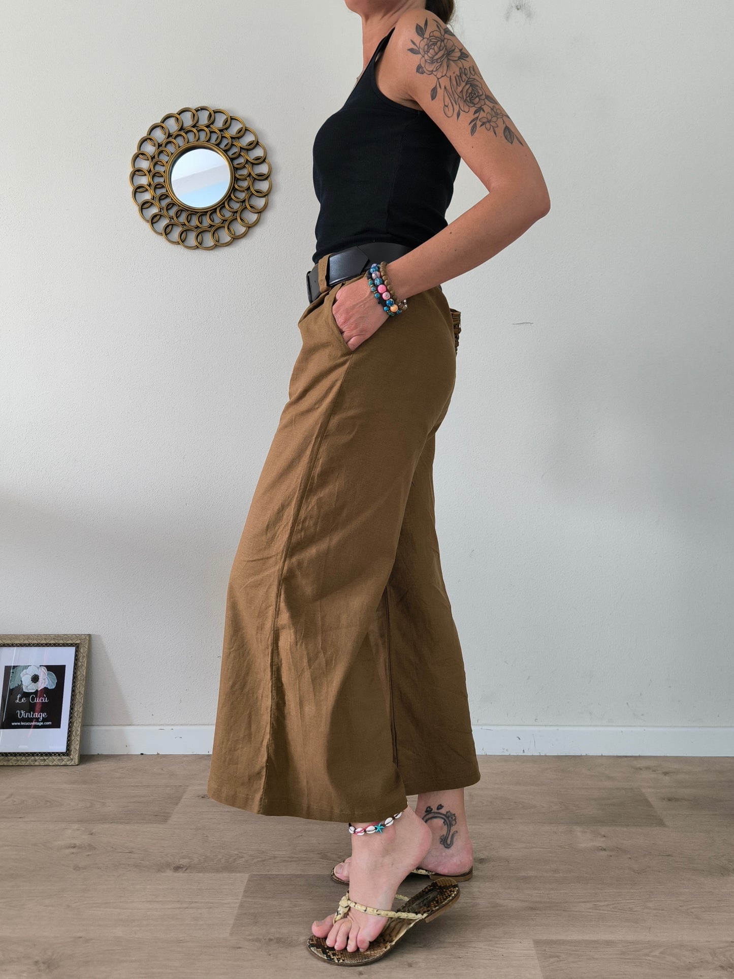 Pantalone ampio marrone in lino e viscosa