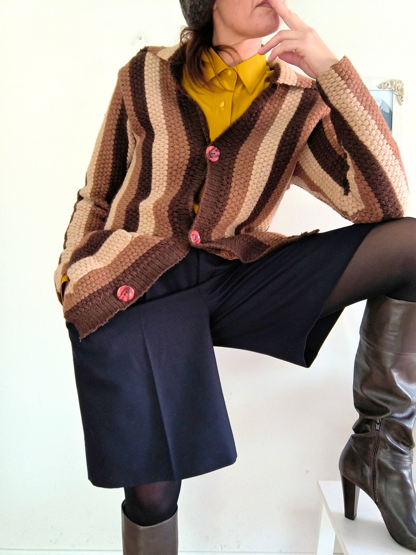 Cardigan vintage a righe marrone