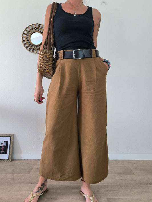 Pantalone ampio marrone in lino e viscosa