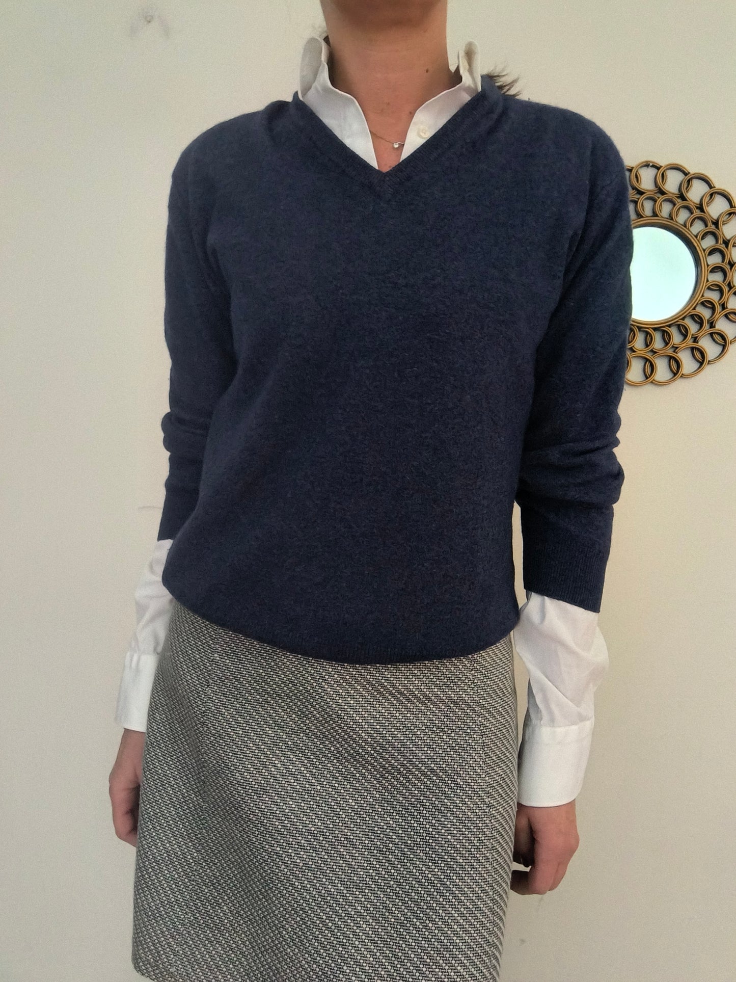 Maglione V neck blu lana e cashmere