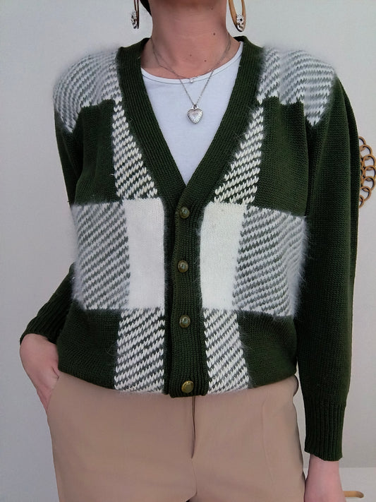 Cardigan vintage lana e angora olive/bianco