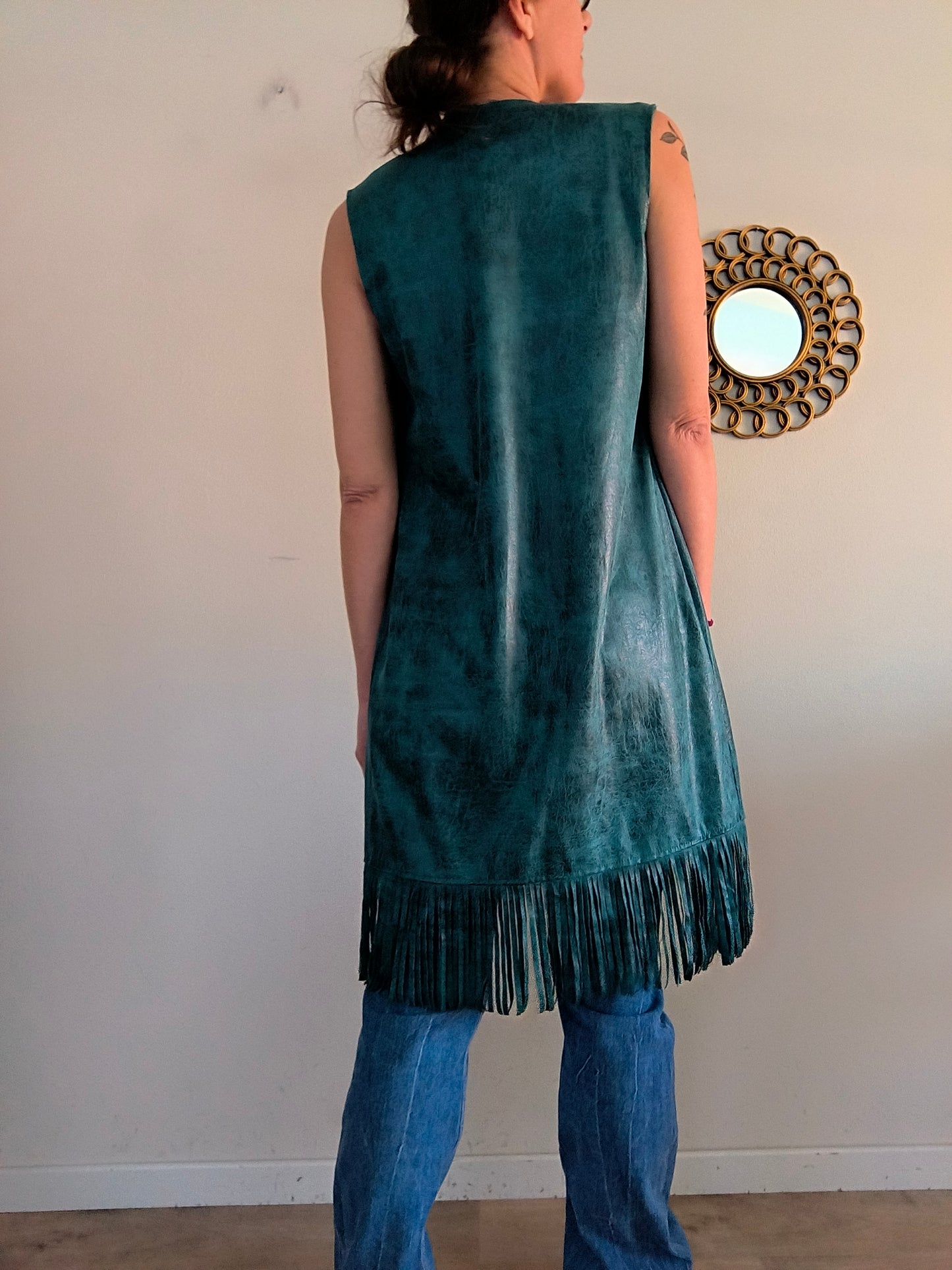 Gilet ecopelle ottanio sfrangiato
