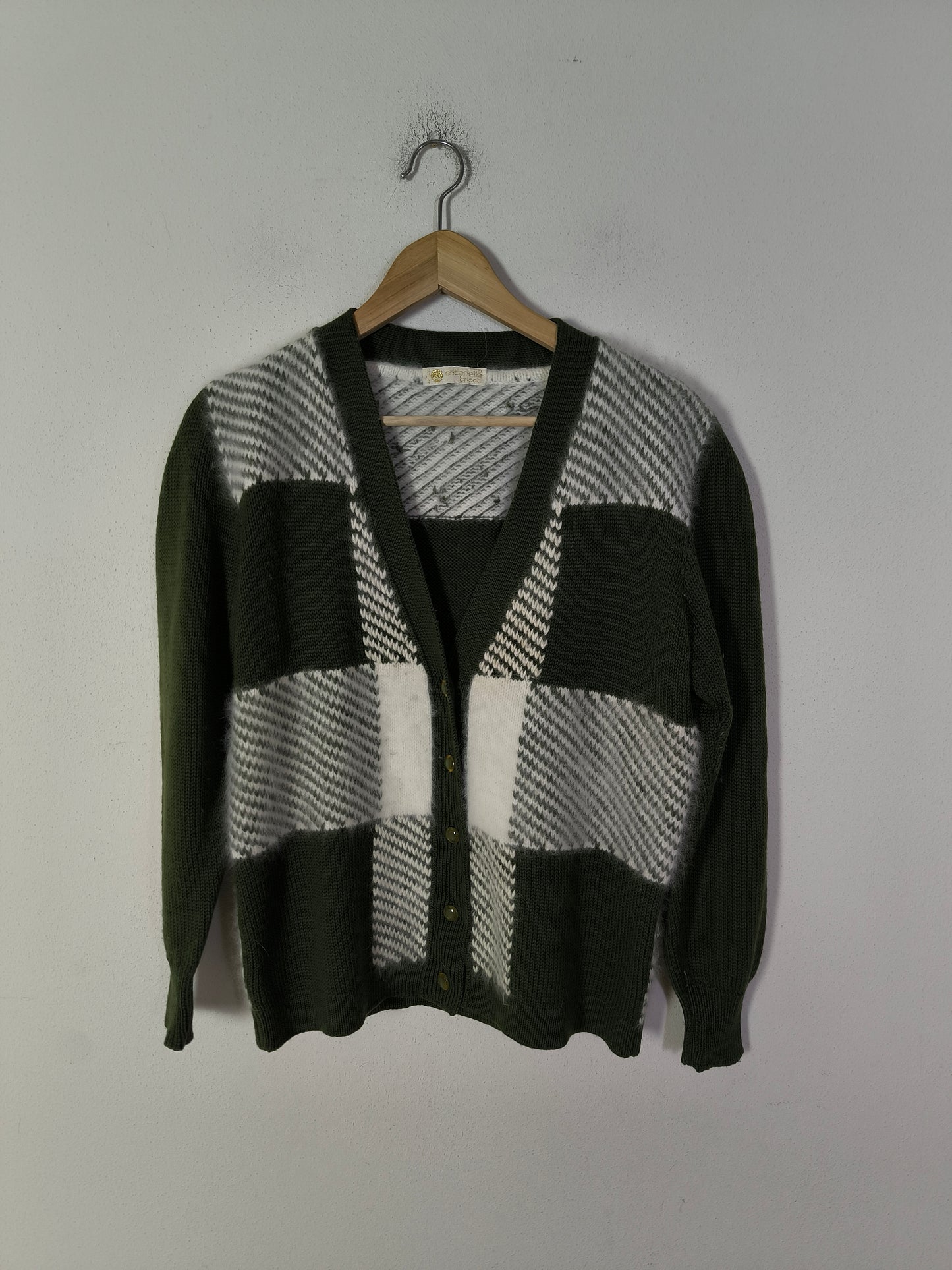 Cardigan vintage lana e angora olive/bianco