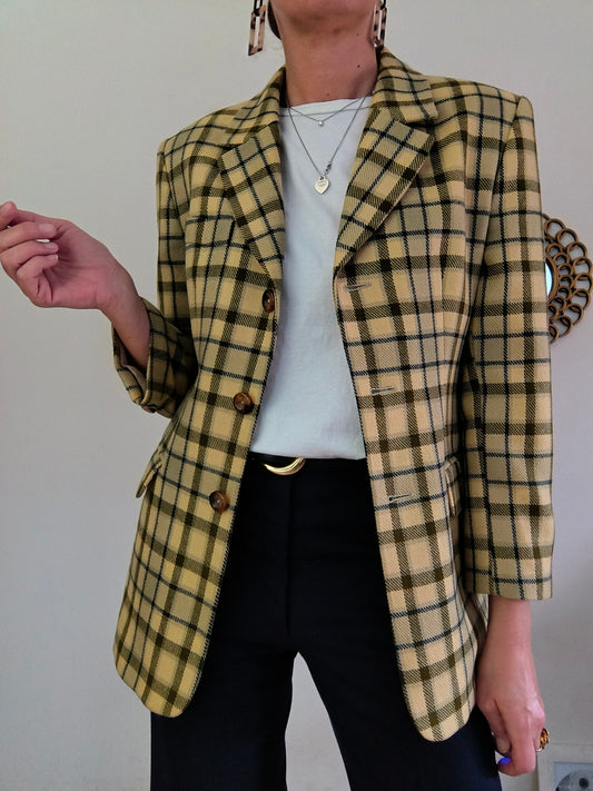 Blazer vintage quadrettato giallo pura lana superfine tg 44