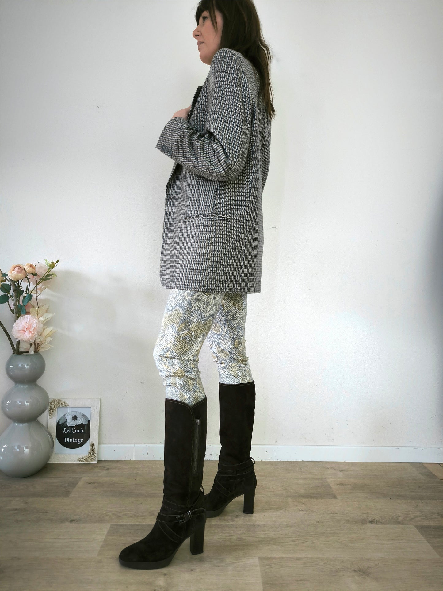 Blazer vintage Valentino in pura lana pied de poule grigio e nocciola