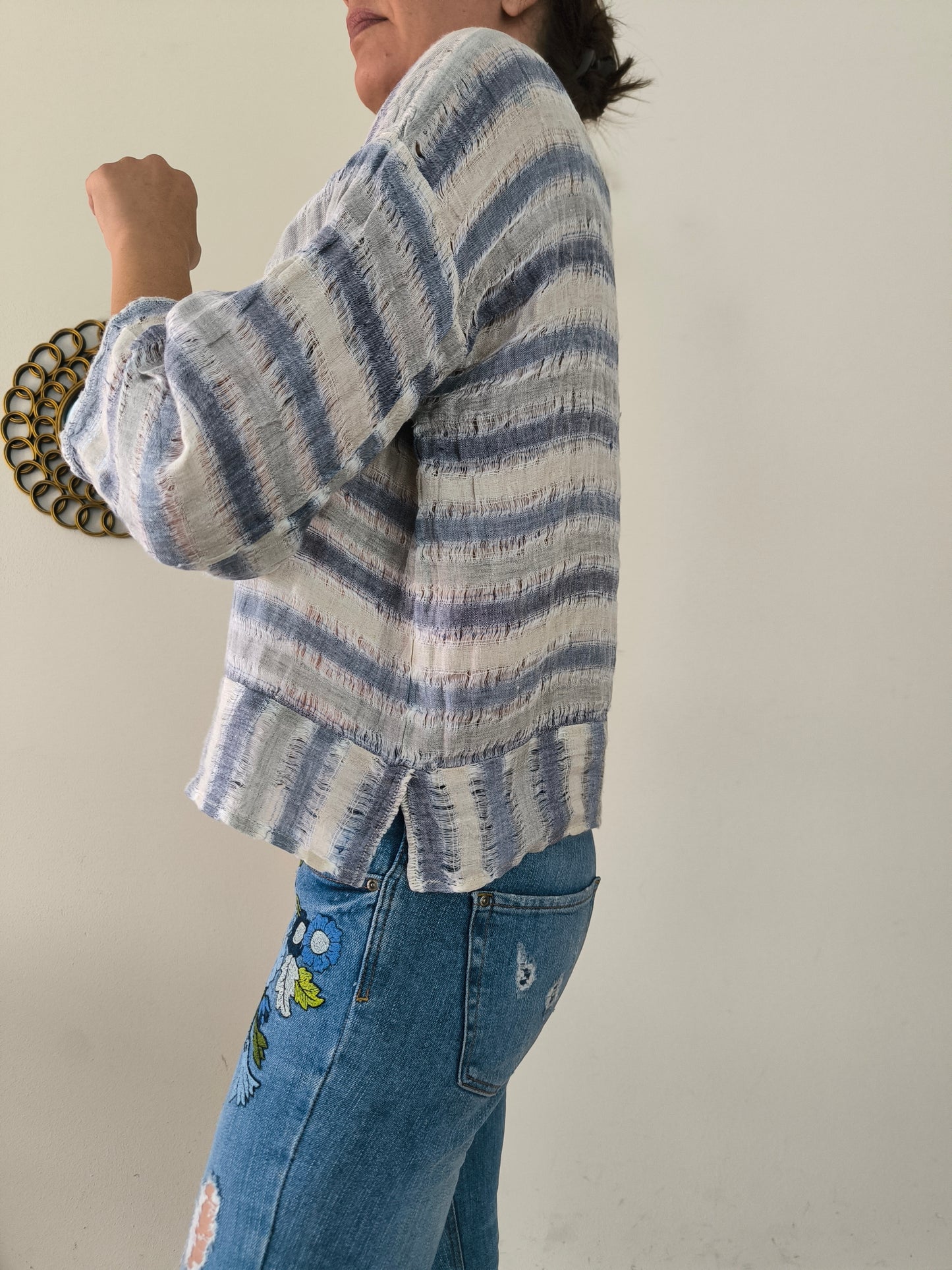Blusa in lino a righe bianco/azzurro