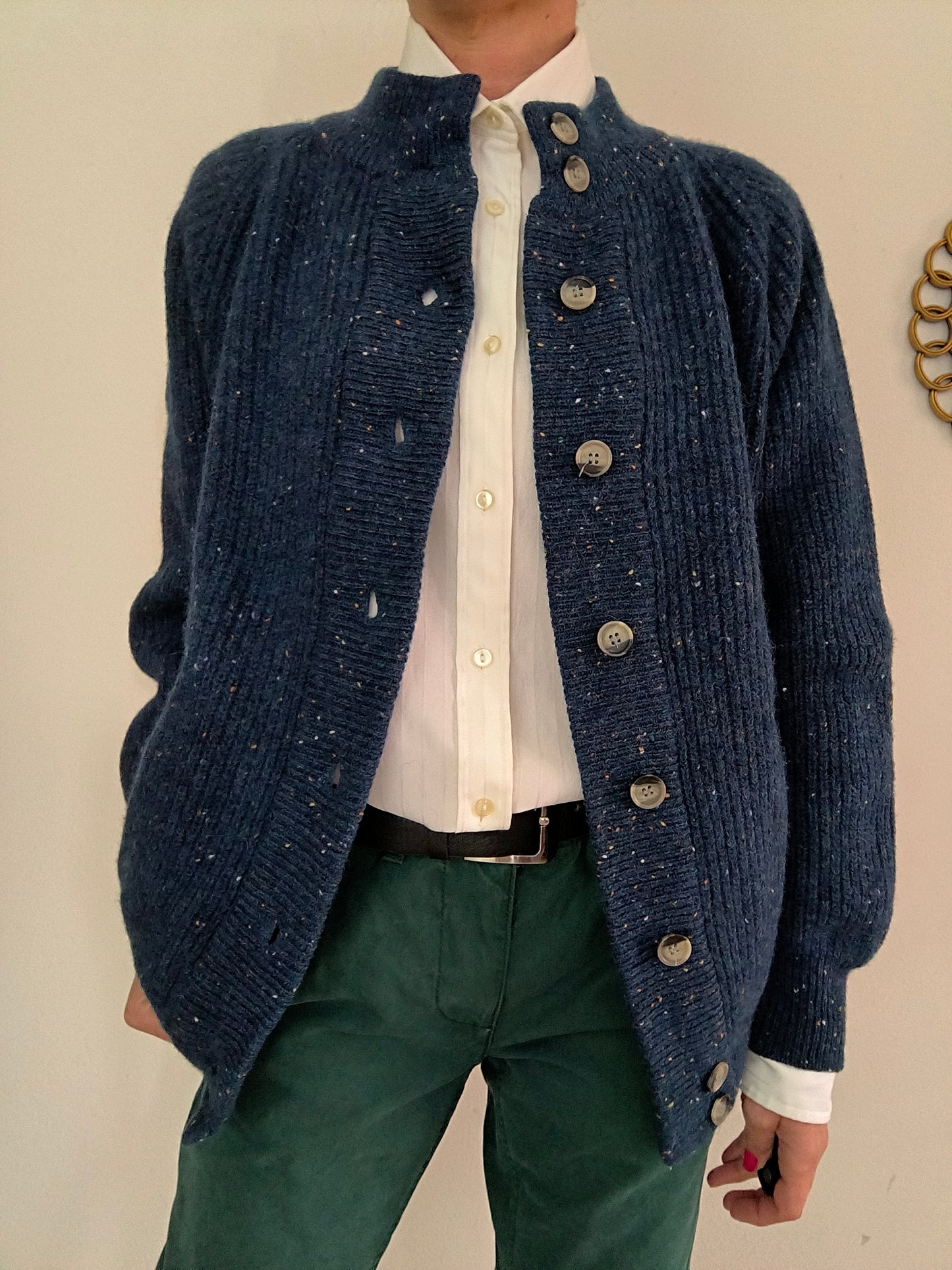 Cardigan lana Shetland unisex tg L colore blu