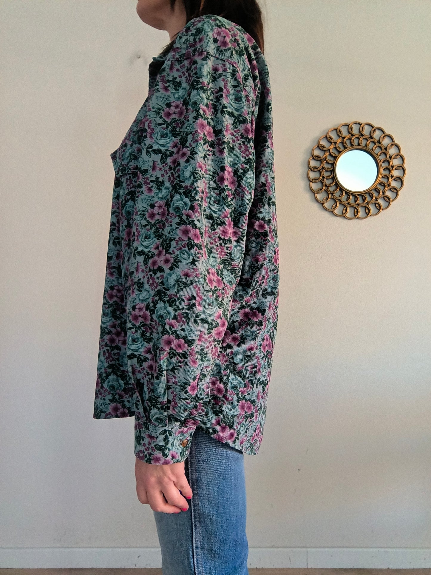 Camicia vintage floreale in velluto a coste